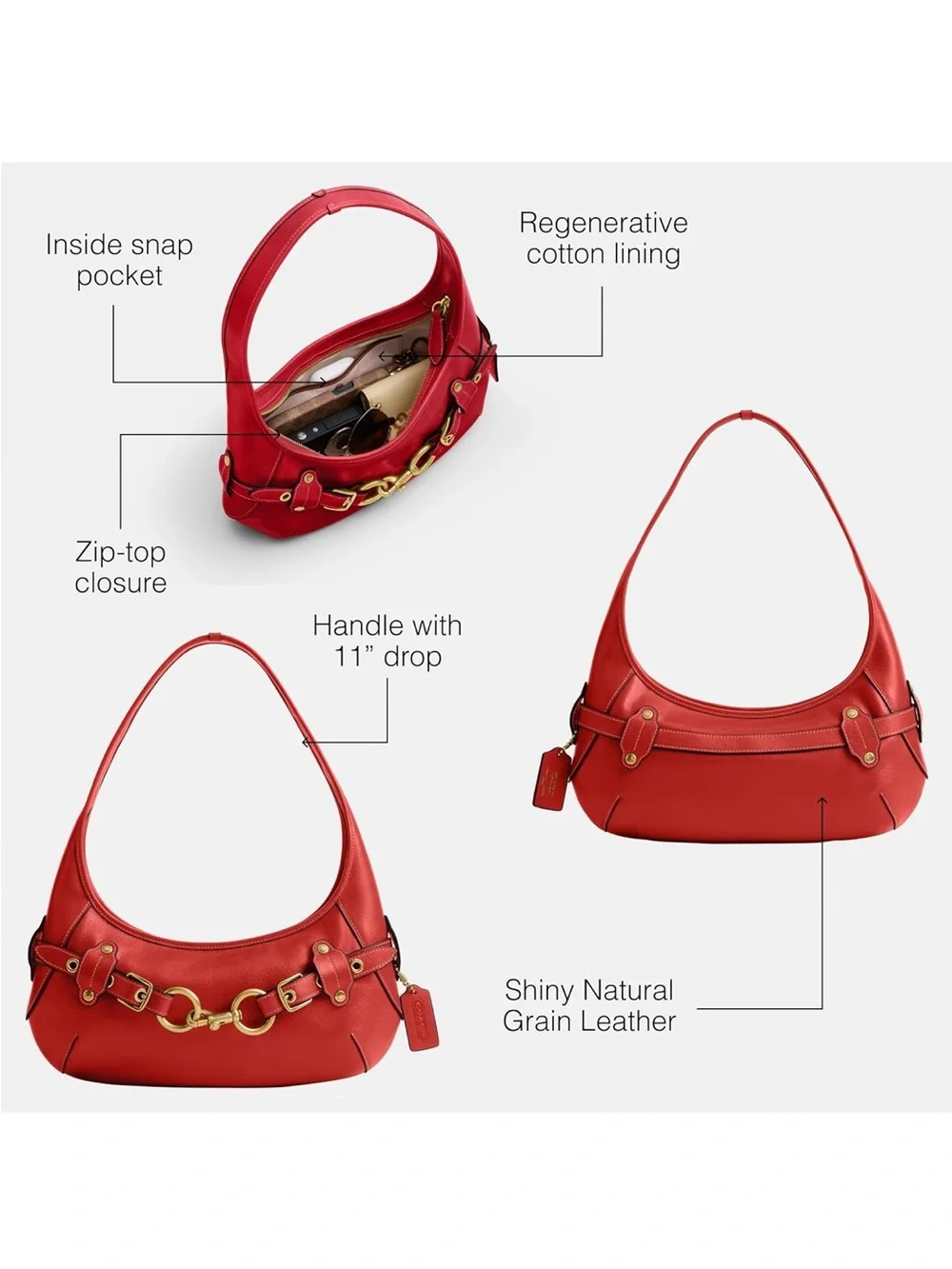 New Coach Red Belted Ergo Leather Shoulder Bag with Gold -Horsebit Detail